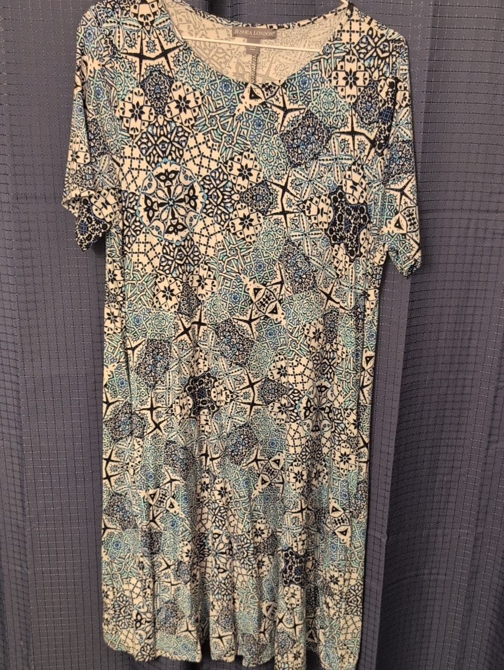 Short Sleeve Midi Dress - Blue and White Mosaic Pattern  Sz 14
